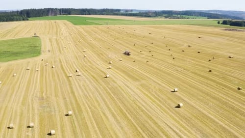 Aerial Drone Shot a Field with a Tractor and Hay Bales in a Rural Area on a Sunny Day
