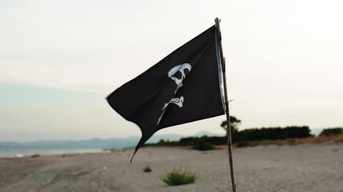 Pirate Flag Waving on a Sandy Beach