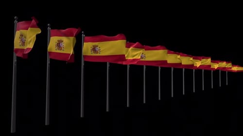 Realistic Waving Spanish Flags on Flagpoles