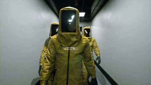 Biohazard Hazmat Suit Team Walking in a Science Corridor