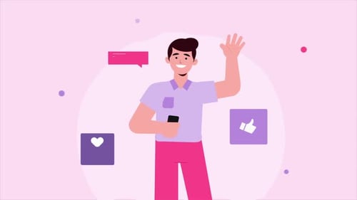 Friendly Man Waving with Social Media Engagement Icons