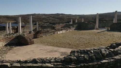 GAMZIGRAD, SERBIA - DECEMBER 25, 2017 Slow tilt on hall of Felix Romuliana palace built by Roman Em