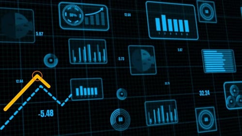 Animated Financial Data Display with Futuristic HUD Charts