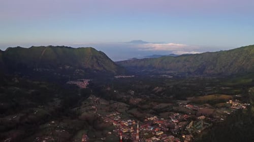 Aerial view of Mount Bromo at sunrise. Tourist attractions in east Java from viewpoint, Indonesia.
