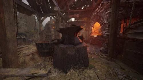 Blacksmiths Tools Hammer and Anvil in Old Blacksmiths Workshop
