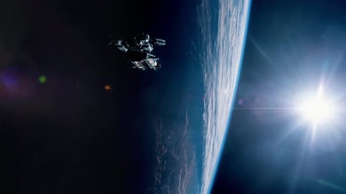 Futuristic Spaceship Orbiting Earth with Sun Flare