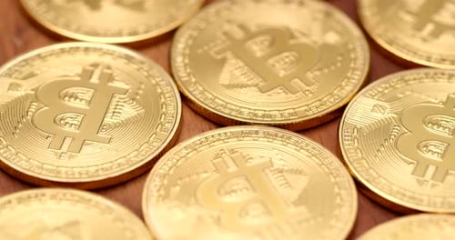 Golden Bitcoin Cryptocurrency Coins Close Up Dolly Shot