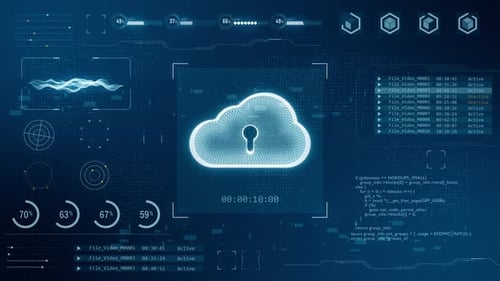 Blue digital 3D cloud computing logo with head up display background and futuristic technology