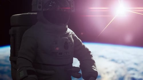 Space Man Astronaut in Space on a Background of the Blue Planet Earth