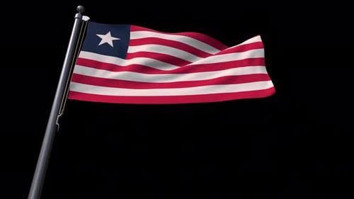 Realistic Liberia Flag Waving on Flagpole with Black Background
