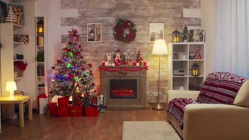 Christmas Decorated Room with Fireplace and Presents