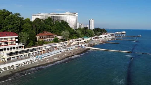 Aerial View of the City, Standing on the Coast, From the Sea. Sea View of the City Beach