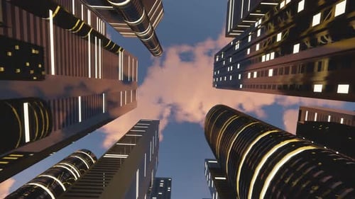 Render 3D de una ciudad brillante abstracta con rascacielos. Formas simples de edificios