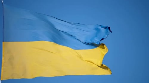 Blue and Yellow Flag Waving Against Blue Sky