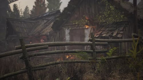 Old Rural Abandoned Wooden Village Under Cloudy Sky in Autumn Season