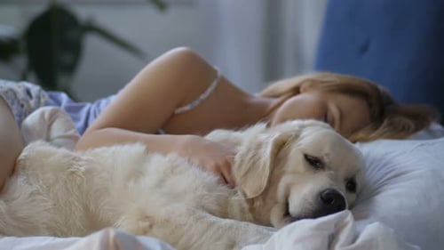 Woman and Dog Sleeping Peacefully in Bed