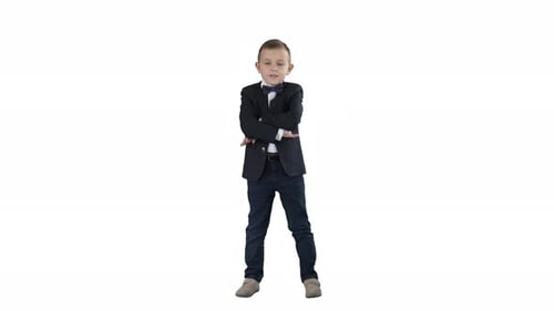 Little Boy Kid Crossing Hands in a Formal Costume on White Background.
