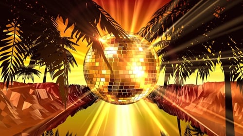 Golden Disco Ball with Palm Trees and Bright Light Rays