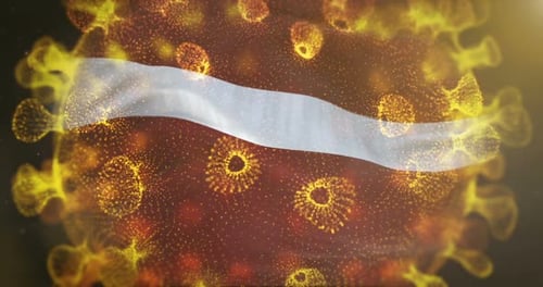 Bandera de Letonia con el microbio del coronavirus centrado