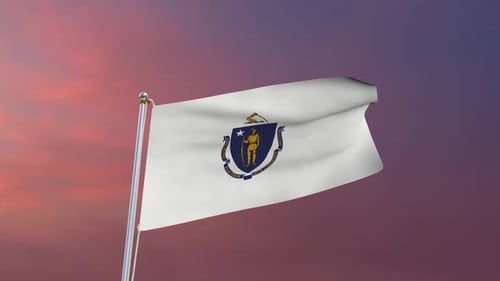 Waving Massachusetts State Flag with Sunset Background