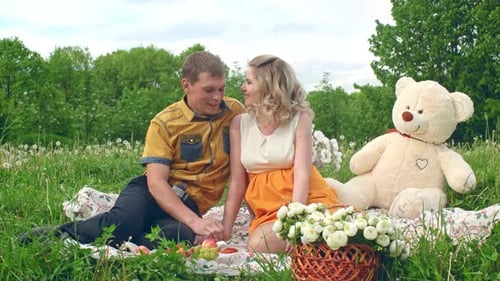 Couple Enjoying a Romantic Picnic in Grassy Field