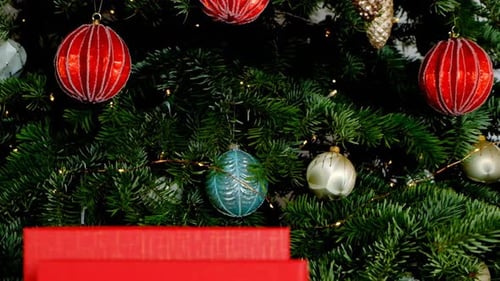 Decorated Christmas Tree with Gifts Close-Up