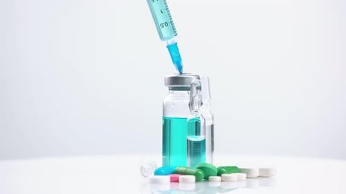 Close Up Glass Vial with Syringe, Ampoules and Drugs on the Table
