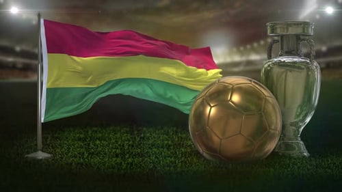 Waving Bolivia Flag with Golden Soccer Ball and Silver Trophy