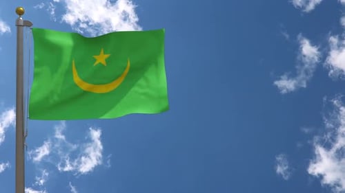 Realistic Mauritania Flag Waving Animation on Blue Sky