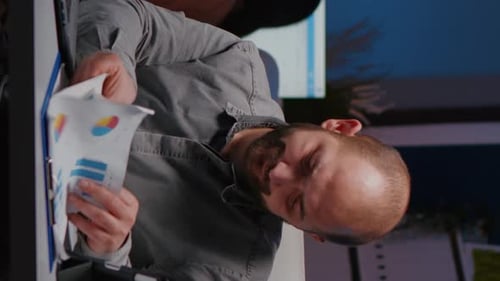 Happy Cheerful Businessman Working in Startup Company Office Late at Night