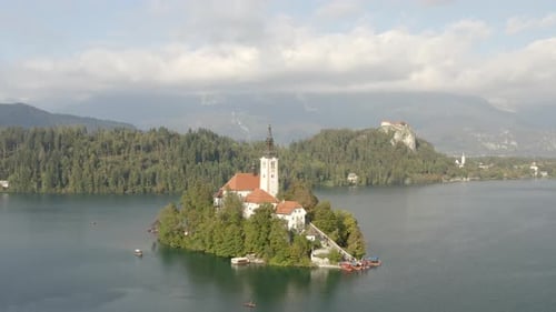 Aerial panoramic view of Lake Bled