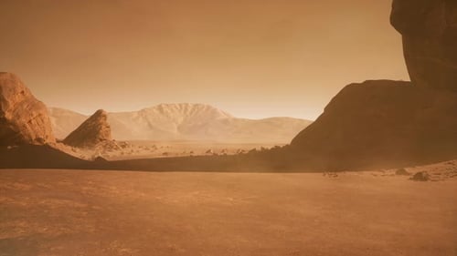 Cinematic Martian Desert Landscape with Rocks and Mountains