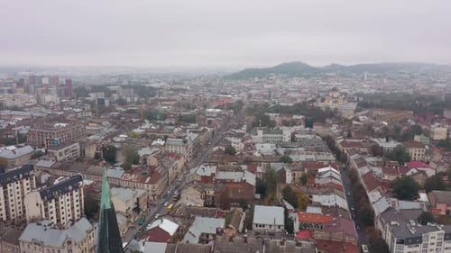Aerial Drone View of City Lviv Ukraine Flight Above Roofs and Streets Panorama of Ancient Town