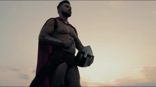 Fit Spartan Posing in Dry Empty Field