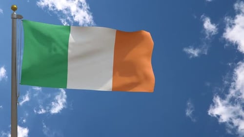 Waving Irish Flag Animation Against Blue Sky