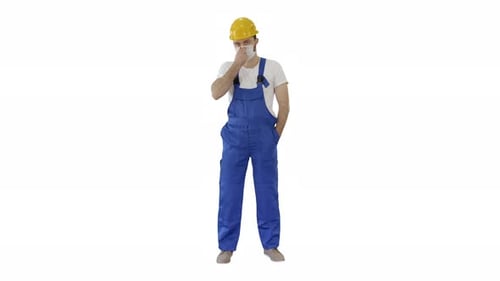 Construction Worker Adjusting Face Mask, Isolated