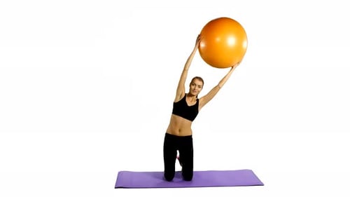 Fitness Girl Doing Fitness Exercise, Fitness-ball, Gym White Background