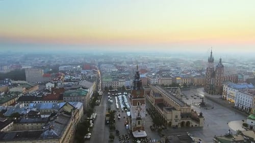 Aerial View of Krakow Historic Market Square, Poland, Central Europe at Morning