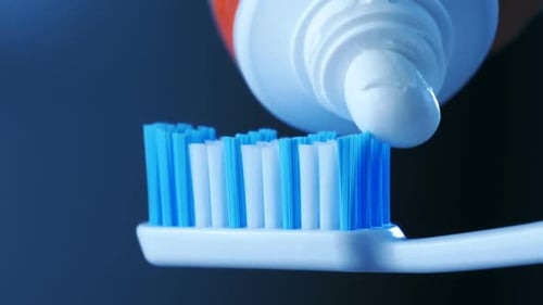 Toothpaste Squeezed onto Blue and White Toothbrush
