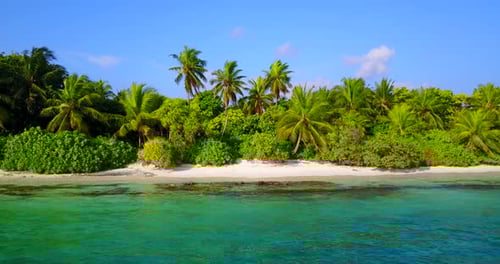 Wide angle flying abstract shot of a summer white paradise sand beach and aqua blue ocean background