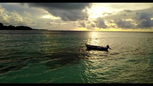 Aerial top view tourism of relaxing lagoon beach time by transparent sea with white sandy background