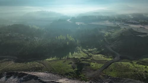 Foggy morning in the mountains aerial view 4 K Turkey
