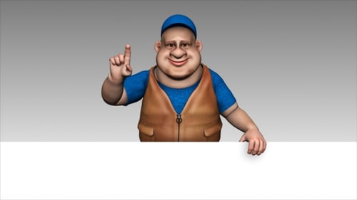 Friendly 3D Animated Man Pointing Up and Down with Sign
