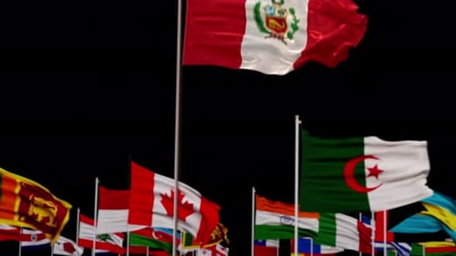 Peruvian Flag Waving with International Countries Flags Background