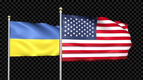 Animated Ukrainian and American Flags Waving on Poles
