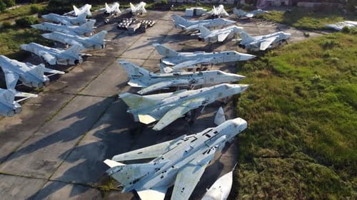 Aerial Drone View Flight Over Old Rusty Broken Plane Aircraft