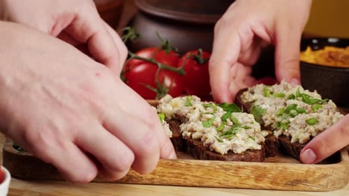 Open Faced Sandwiches Placed on Wooden Platter
