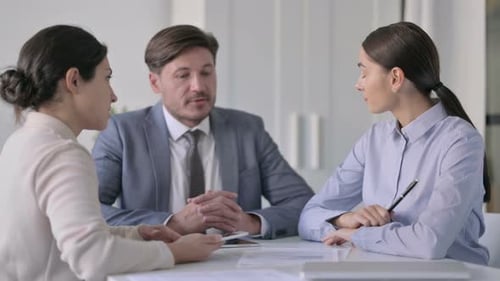 Serious Male and Female Business People Talking While Sitting in Office