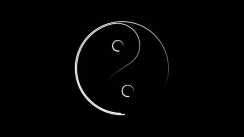 Leuchtende Neonlinie Yin Yang, Symbol für Harmonie und Gleichgewicht, isoliert auf schwarzem Hintergrund.