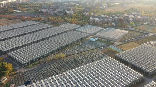 Aerial View of Greenhouses near Town